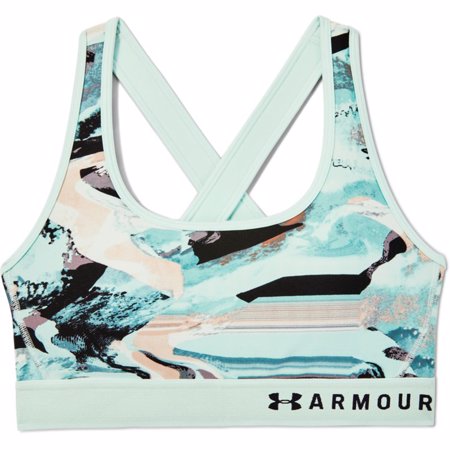 UA Women's Armour Mid Crossback Print Sports Bra, Seaglass Blue 